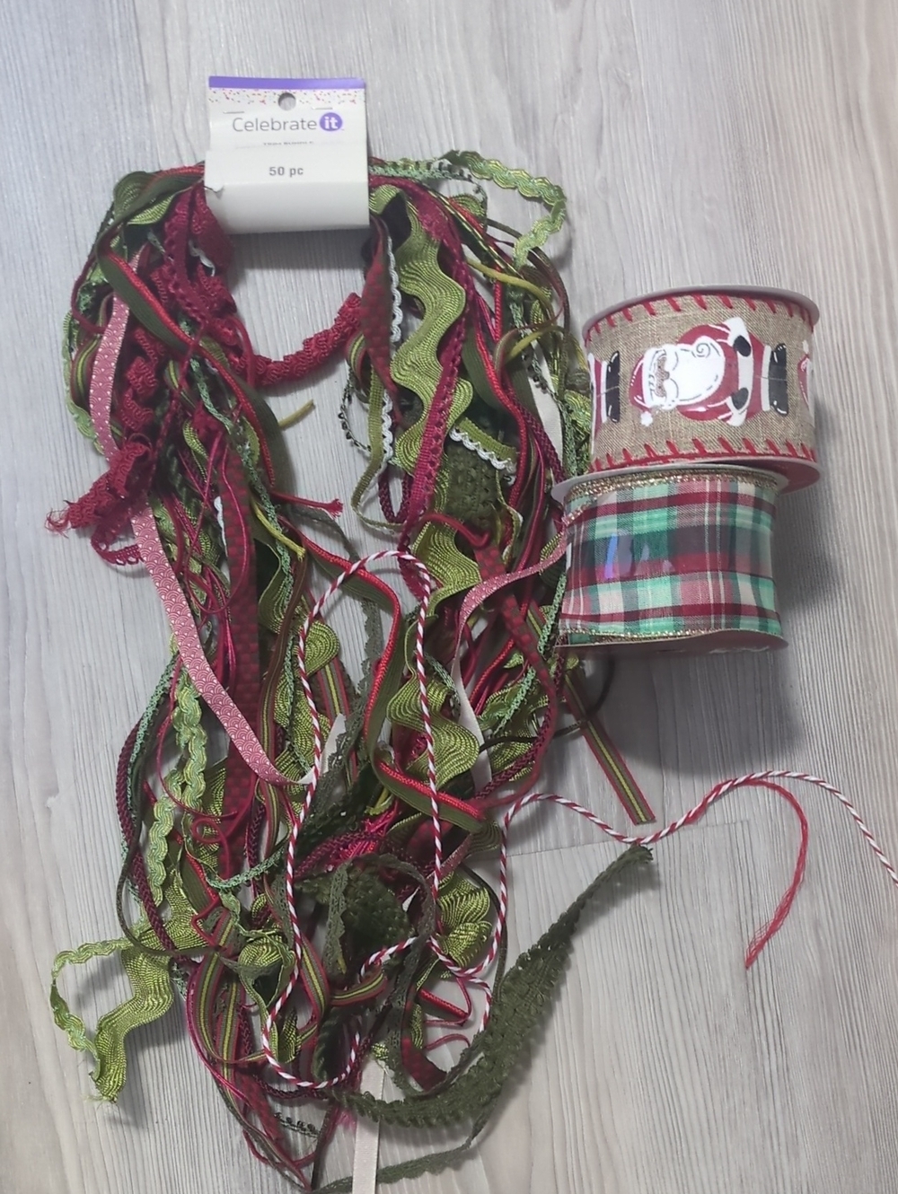 Christmas Ribbon Trim Craft Supply Lot Celebrate It Santa Plaid Wired Ribbon